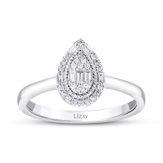 0.17 Karat Pırlanta Baget Taşlı Damla Trend Yüzük - Lizay Pırlanta