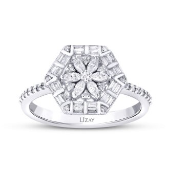 0.43 Karat Pırlanta Baget Çiçek Yüzük - 1