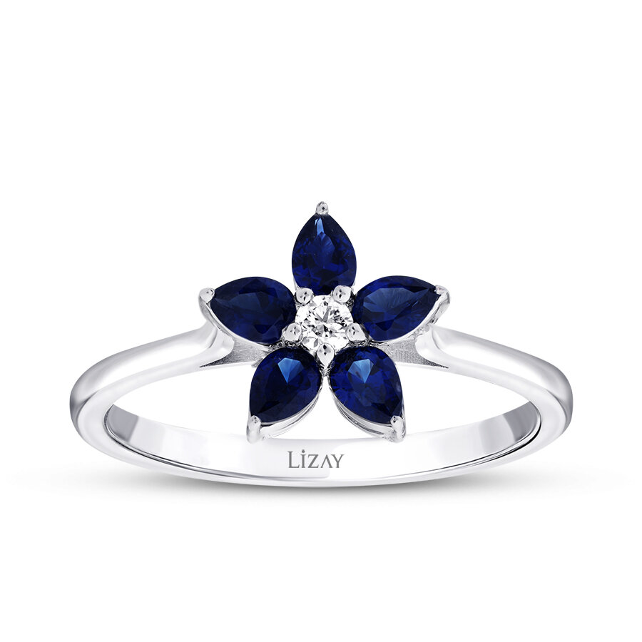 0.56 Karat Pırlanta Damla Taşlı Safir Çiçek Yüzük