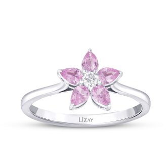0.56 Karat Pırlanta Pembe Safir Çiçek Yüzük - 1