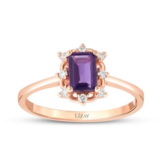 0.62 Karat Pırlanta Emerald Ametist Yüzük - 1