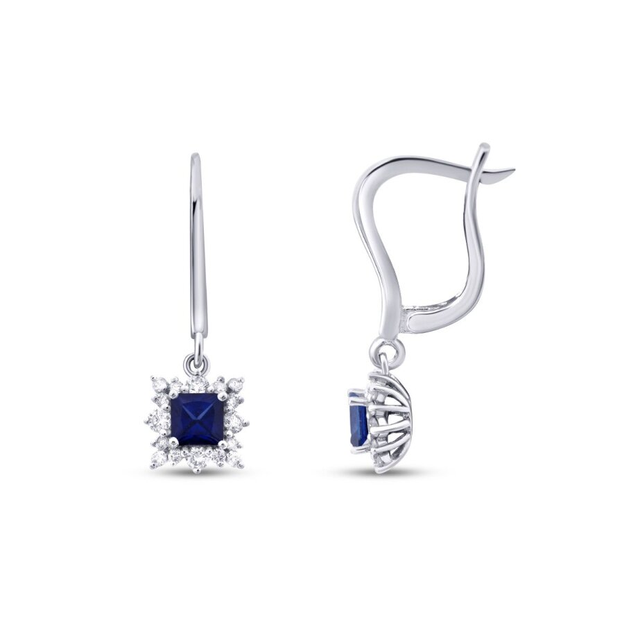 0.80 Karat Pırlanta Kare Taşlı Safir Küpe
