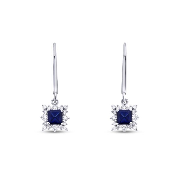 0.80 Karat Pırlanta Kare Taşlı Safir Küpe - 2