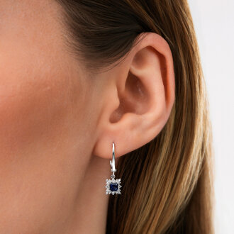 0.80 Karat Pırlanta Kare Taşlı Safir Küpe - 3