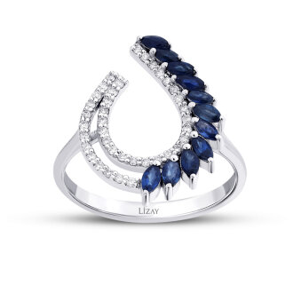 0.81 Karat Pırlanta Markiz Taşlı Safir Trend Yüzük - 1