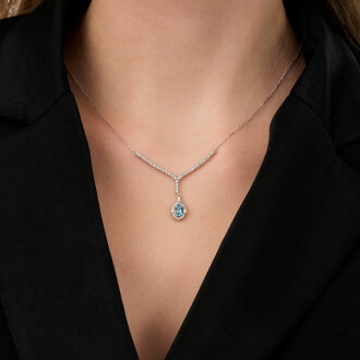 0.98 Karat Pırlanta Blue Topaz Baget Kolye - 3