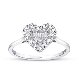 0.10 Karat Pırlanta Baget Kalp Yüzük - Lizay Pırlanta