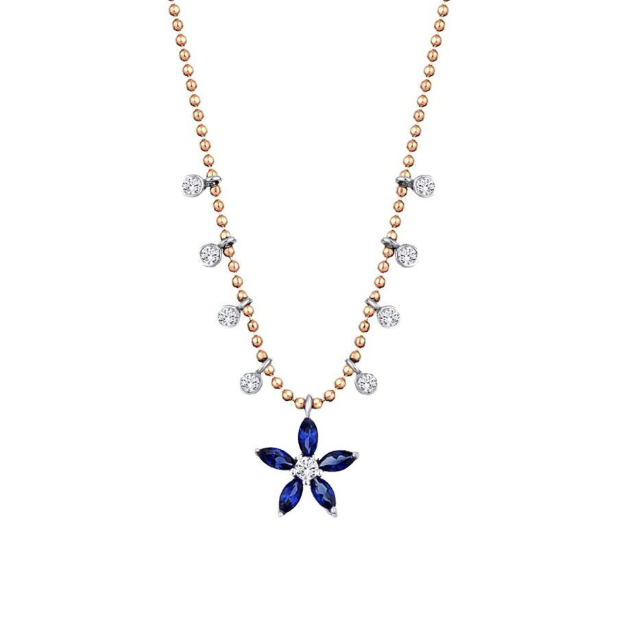 0.80 Karat Pırlanta Safir Çiçek Kolye