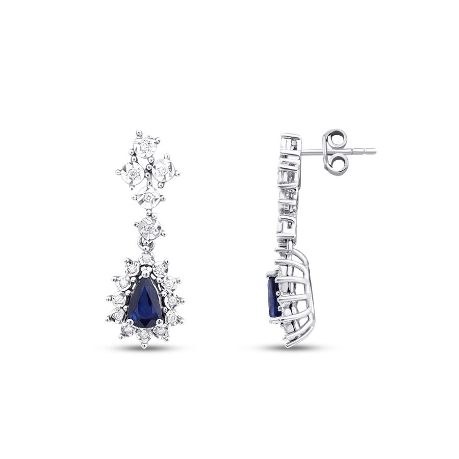 1.12 Karat Pırlanta Damla Taşlı Safir Küpe