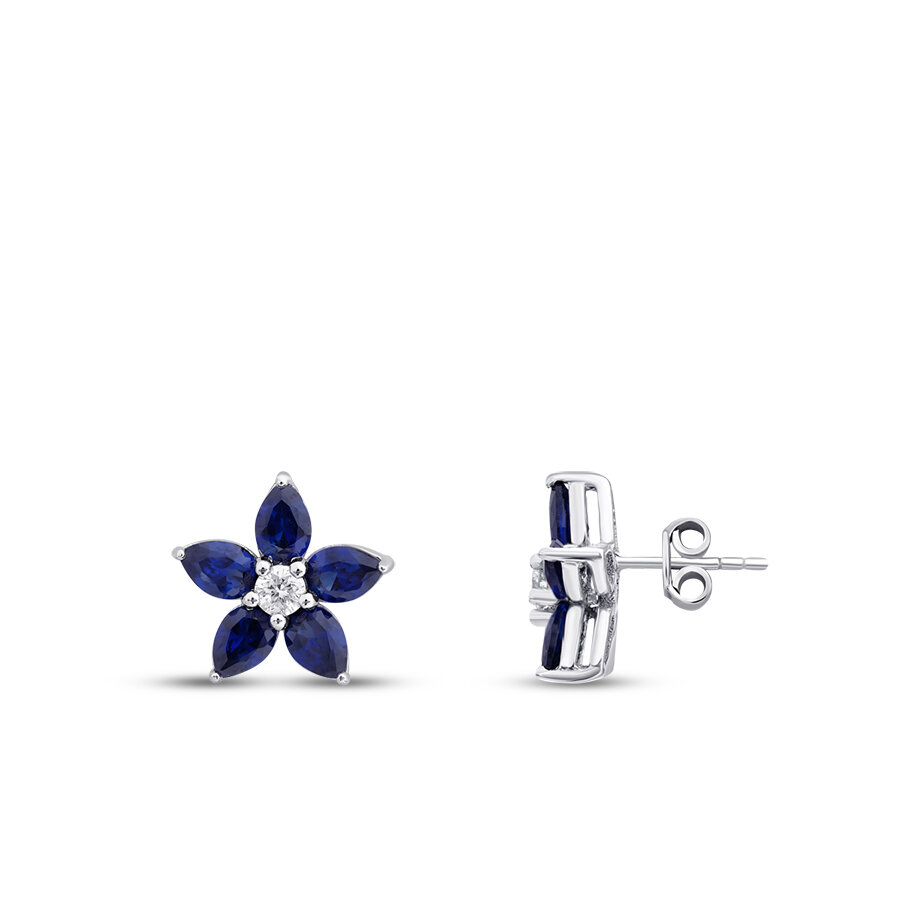 1.24 Karat Pırlanta Damla Taşlı Safir Çiçek Küpe