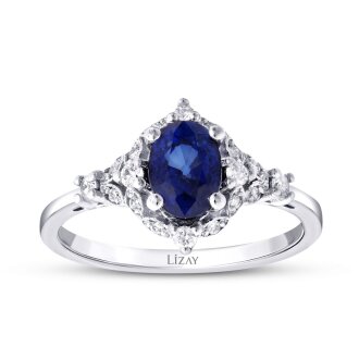 1.25 Karat Pırlanta Safir Oval Yüzük - 1