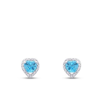 1.28 Karat Pırlanta Blue Topaz Kalp Taşlı Küpe - 2