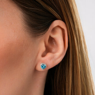 1.28 Karat Pırlanta Blue Topaz Kalp Taşlı Küpe - 3