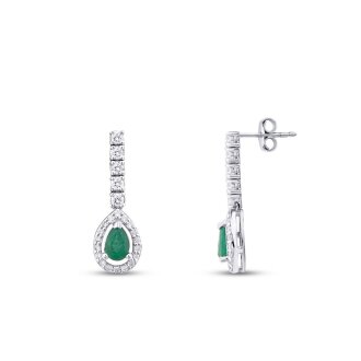 1.40 Karat Pırlanta Damla Taşlı Zümrüt Küpe - 1