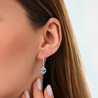 1.51 Karat Pırlanta Blue Topaz Oval Baget Küpe - 3