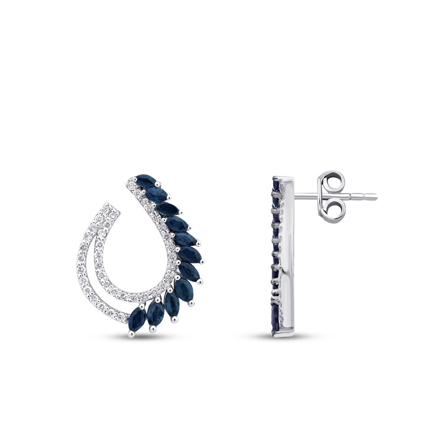 1.56 Karat Pırlanta Markiz Taşlı Safir Trend Küpe