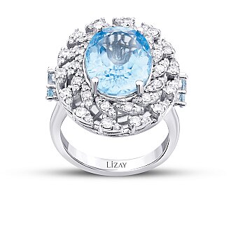 9.06 Karat Pırlanta Blue Topaz Yüzük - 1