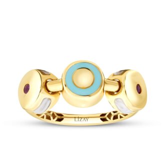 Altın Fuşya Taşlı Beyaz Mavi Mineli Trend Yüzük - 1