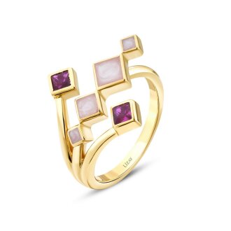 Altın Fuşya Taşlı Beyaz Mineli Geometrik Trend Yüzük - 2