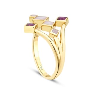 Altın Fuşya Taşlı Beyaz Mineli Geometrik Trend Yüzük - 3