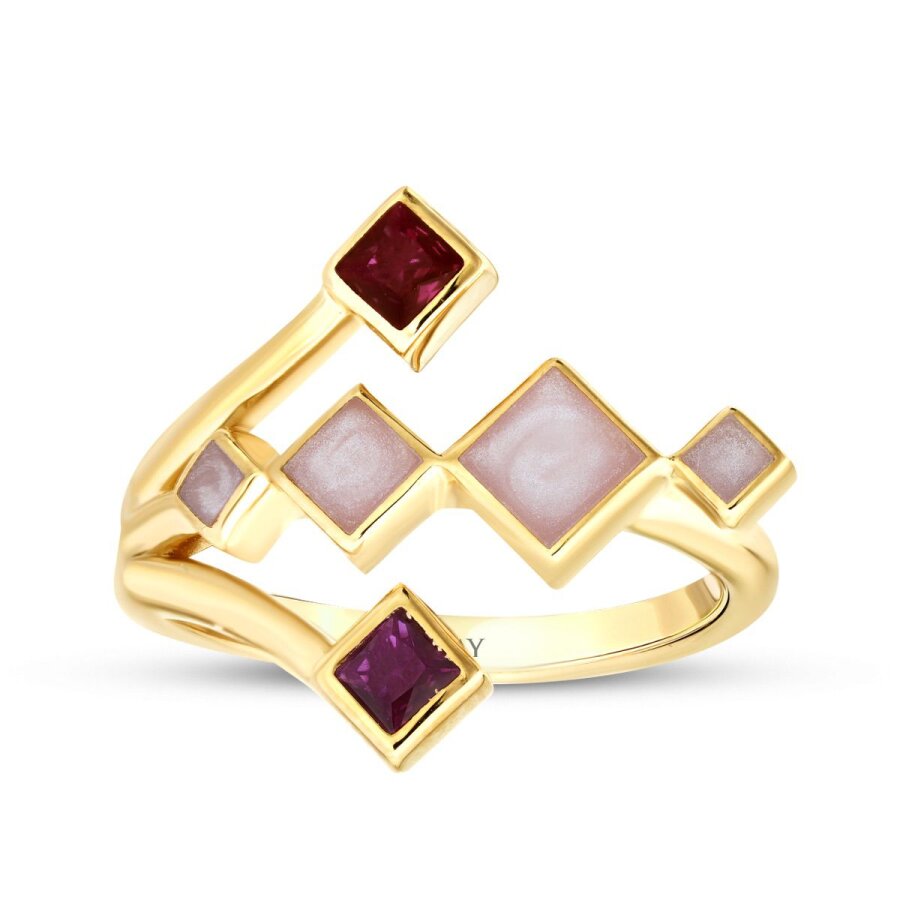 Altın Fuşya Taşlı Mineli Geometrik Trend Yüzük