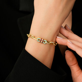 Altın Fuşya Taşlı Trend Zincir Bileklik - 3