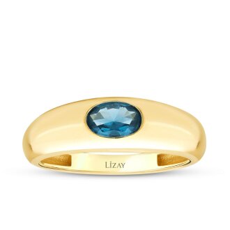 Altın Mavi Taşlı Bombeli Yüzük - 1