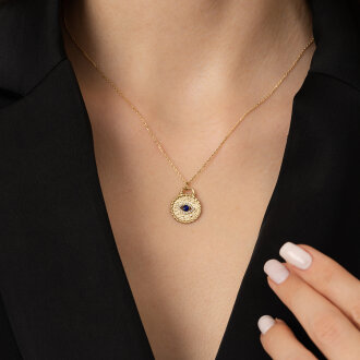 Altın Mavi Taşlı Göz Kolye - 3