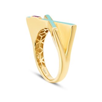 Altın Taşlı Geometrik Mavi Yüzük - 2