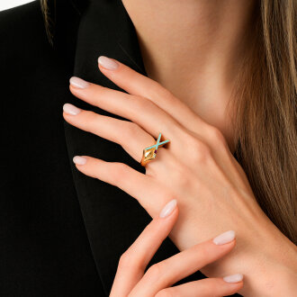 Altın Taşlı Geometrik Mavi Yüzük - 3